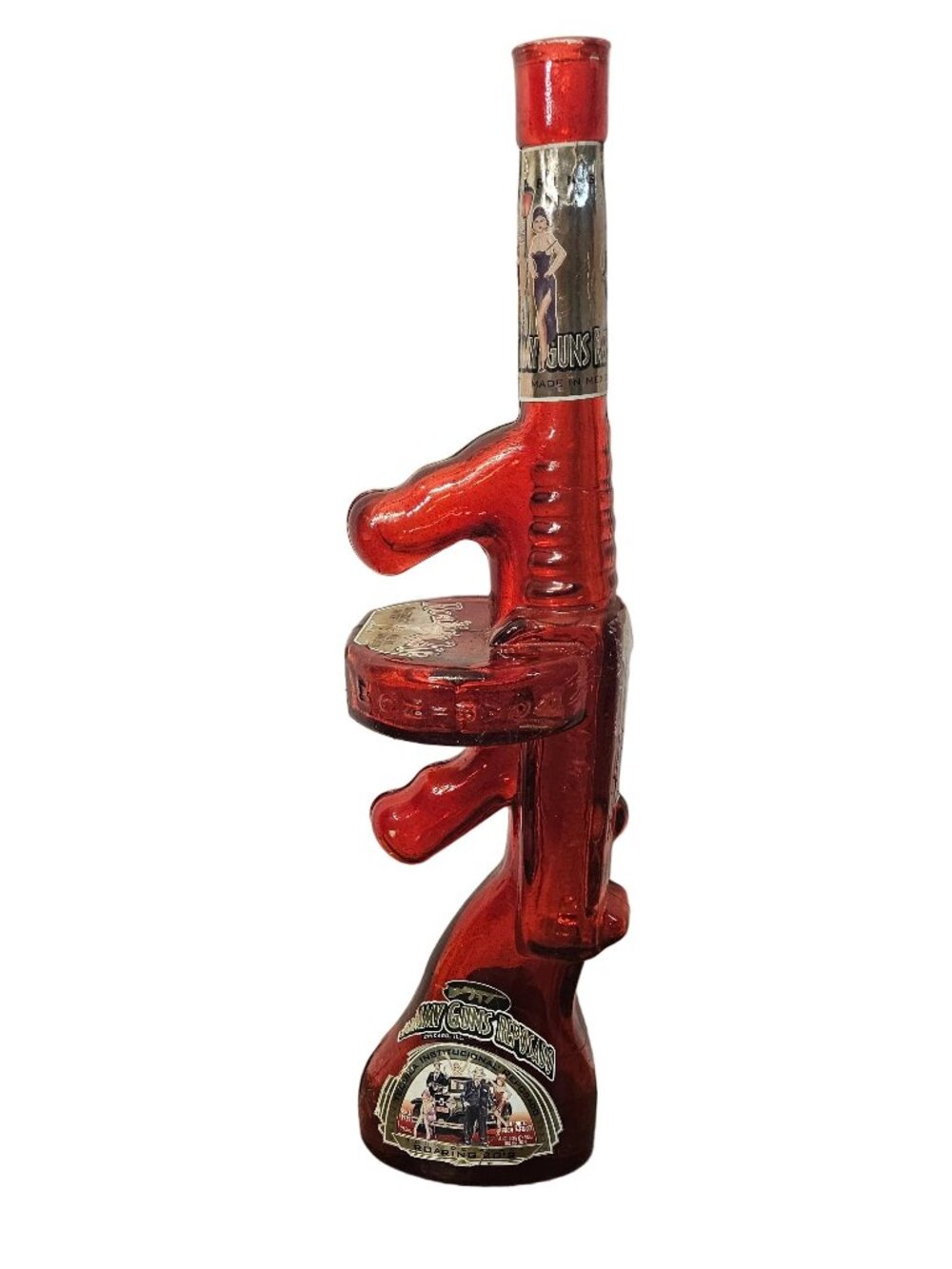 VINTAGE Tommy Guns Red Glass Tommy Gun Liquor Bottle Roaring 20s - ITEM #2297
